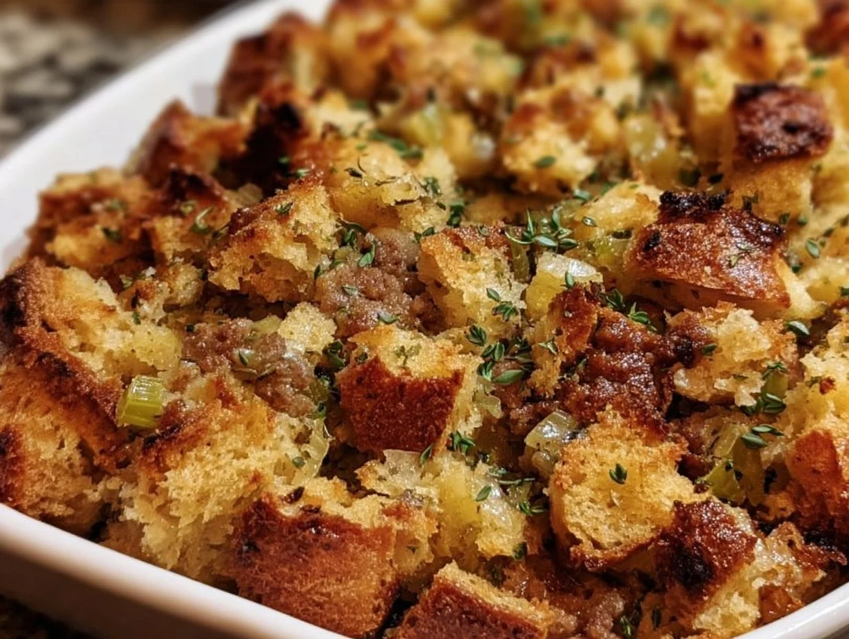 Grandma's Thanksgiving stuffing served in a bowl with herbs and spices.