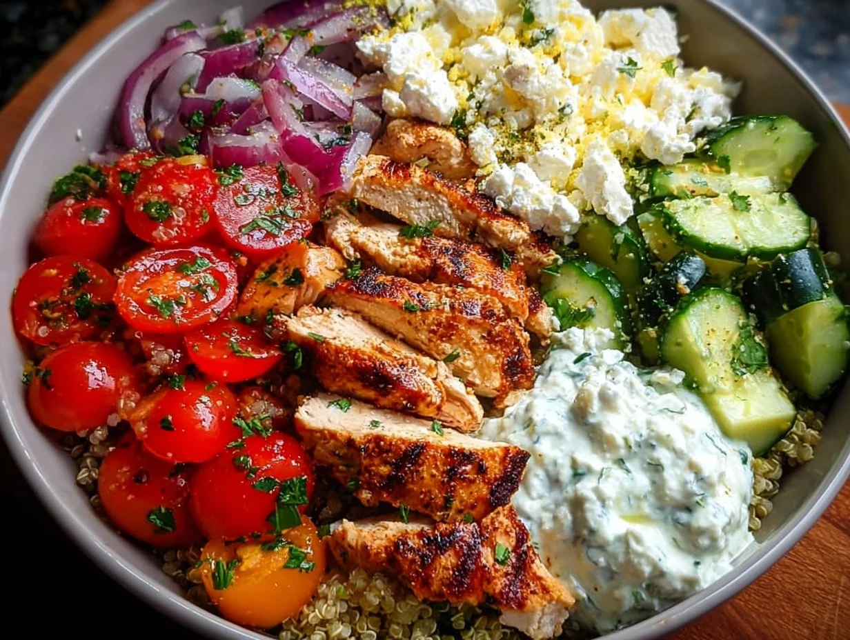 Delicious Greek Chicken Bowl with fresh vegetables and herbs