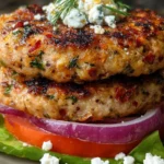 Juicy Greek Chicken Burgers topped with fresh toppings and served with pita bread