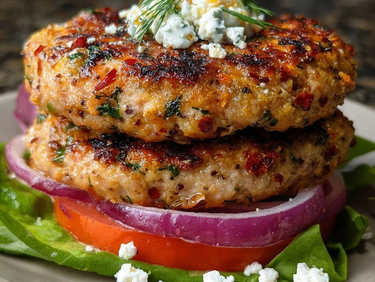 Juicy Greek Chicken Burgers topped with fresh toppings and served with pita bread