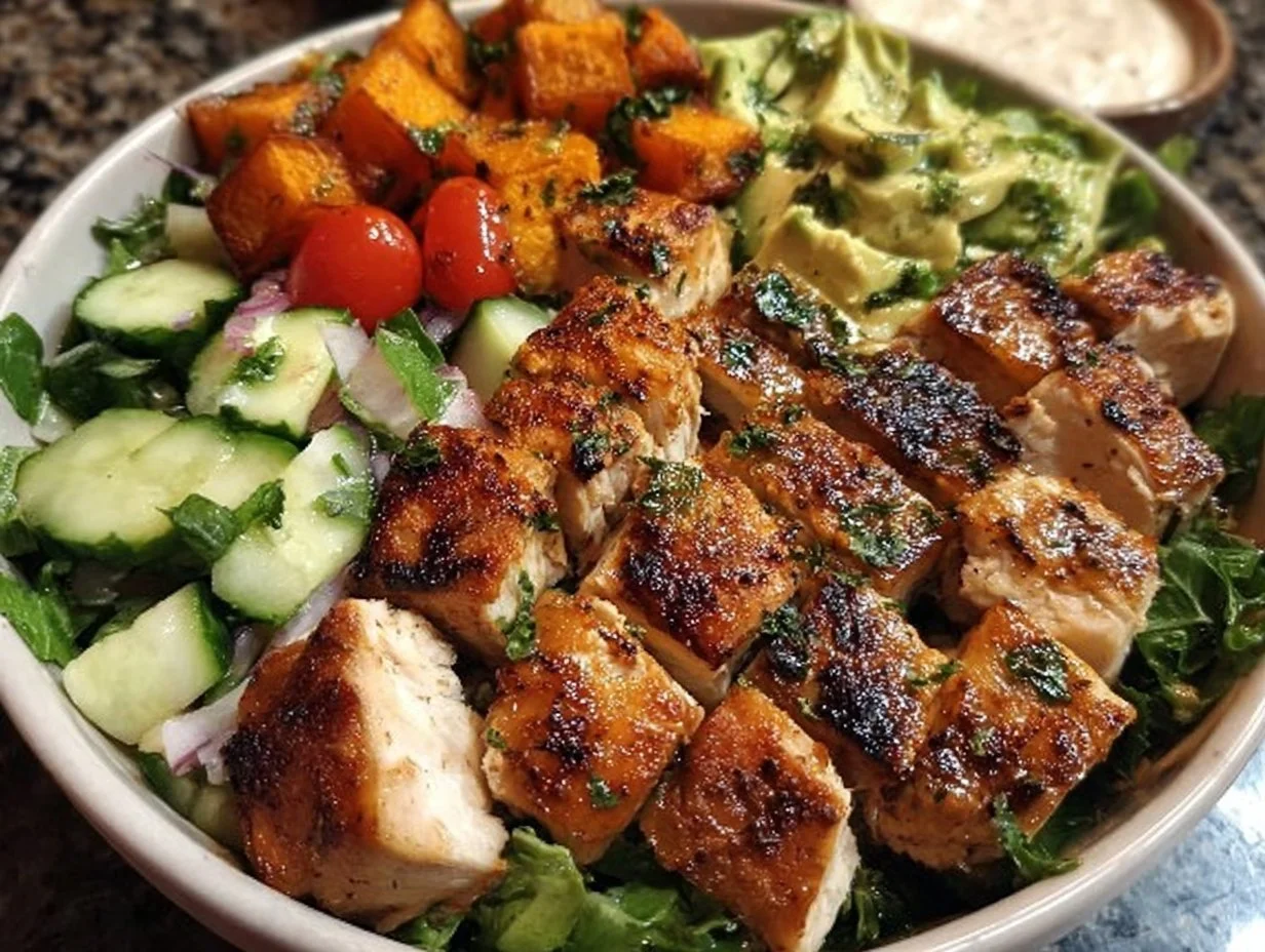 A vibrant grilled chicken salad with fresh vegetables and a tangy dressing