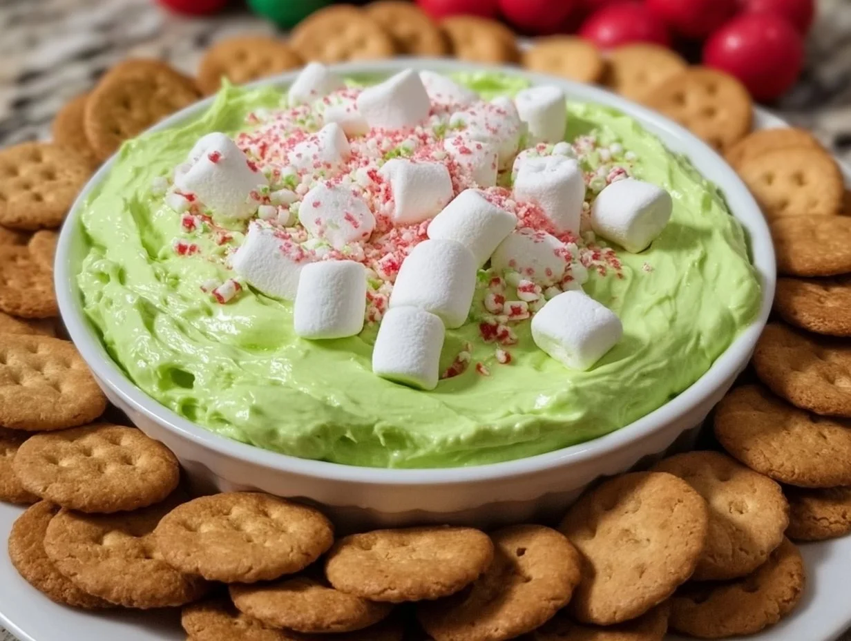 Festive Grinch Dip ready to serve at a holiday gathering