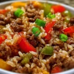 Healthy beef and pepper rice bowl topped with fresh vegetables