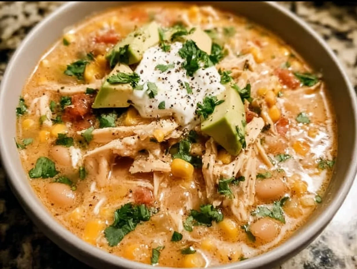 Bowl of healthy high protein white chicken chili topped with fresh herbs.