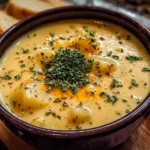 Delicious bowl of cheddar garlic herb potato soup topped with fresh herbs