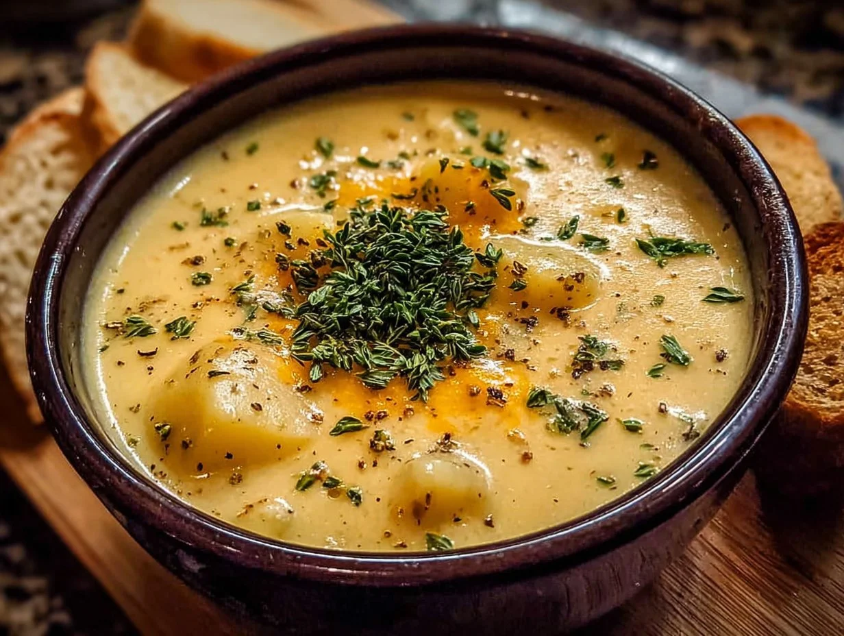 Delicious bowl of cheddar garlic herb potato soup topped with fresh herbs