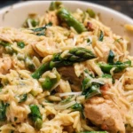 High Protein Chicken Orzo with vegetables and herbs in a bowl.