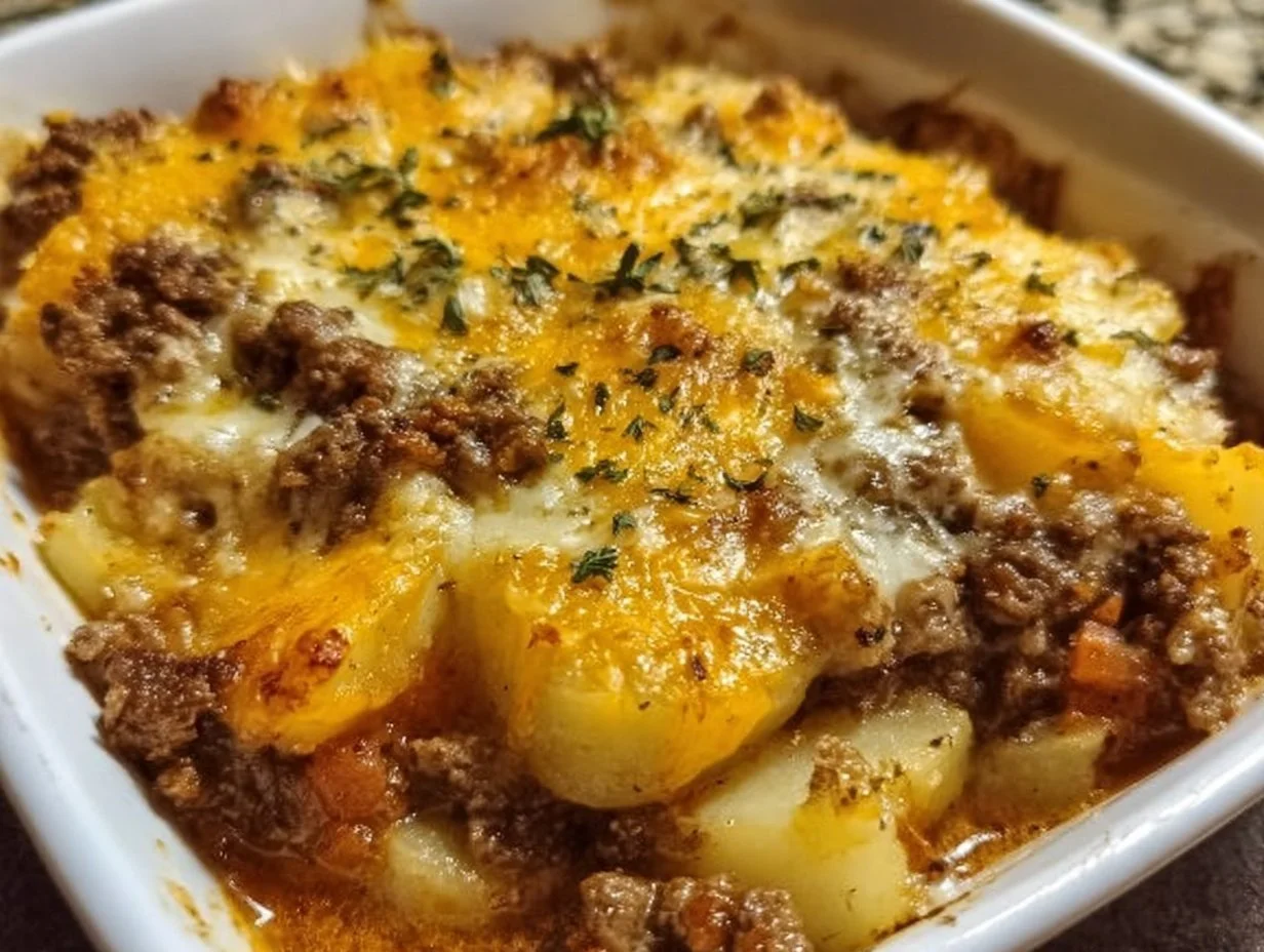 Delicious Hobo Casserole topped with cheese and vegetables in a baking dish