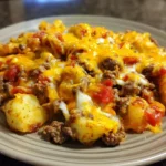 Hobo Casserole with ground beef and potatoes served in a baking dish