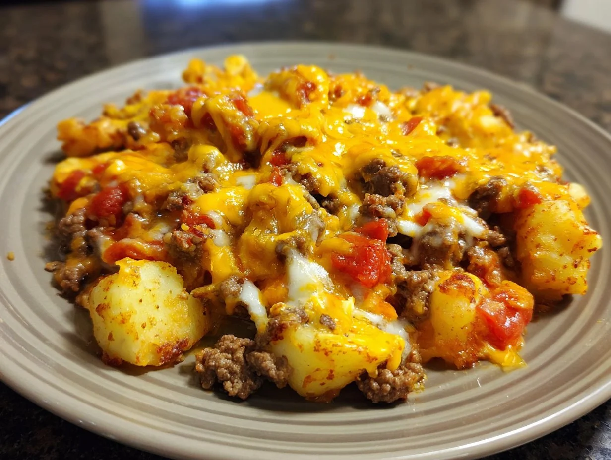 Hobo Casserole with ground beef and potatoes served in a baking dish