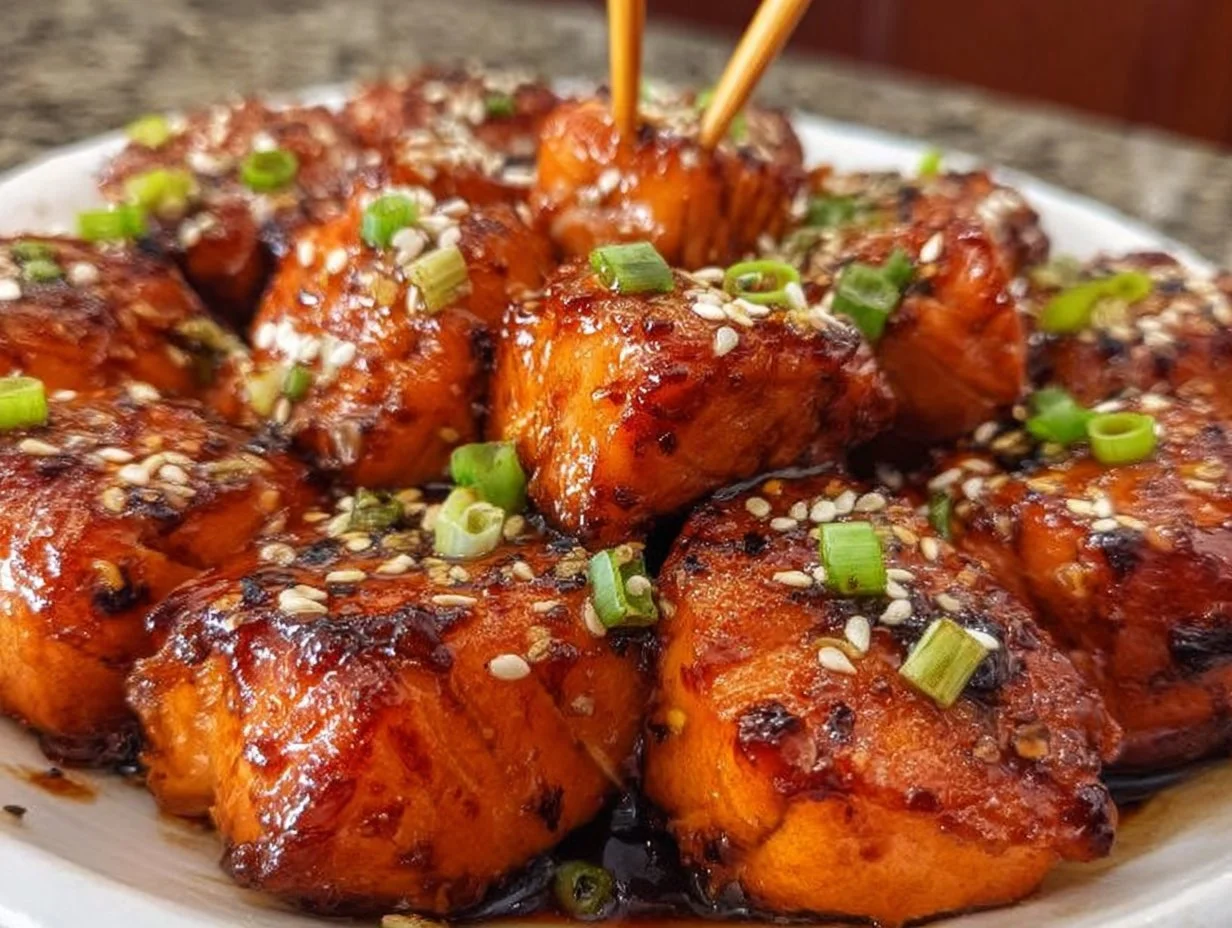 Honey Garlic Salmon Bites served on a plate with garnishes
