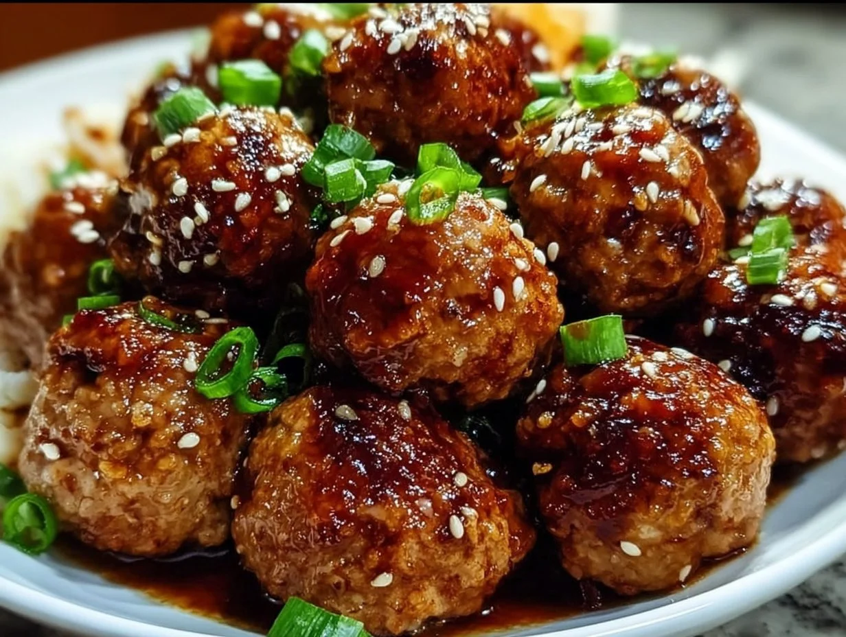 Honey garlic turkey meatballs served on a plate with dipping sauce