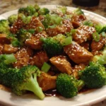 Plate of Honey Sesame Chicken and Broccoli garnished with sesame seeds