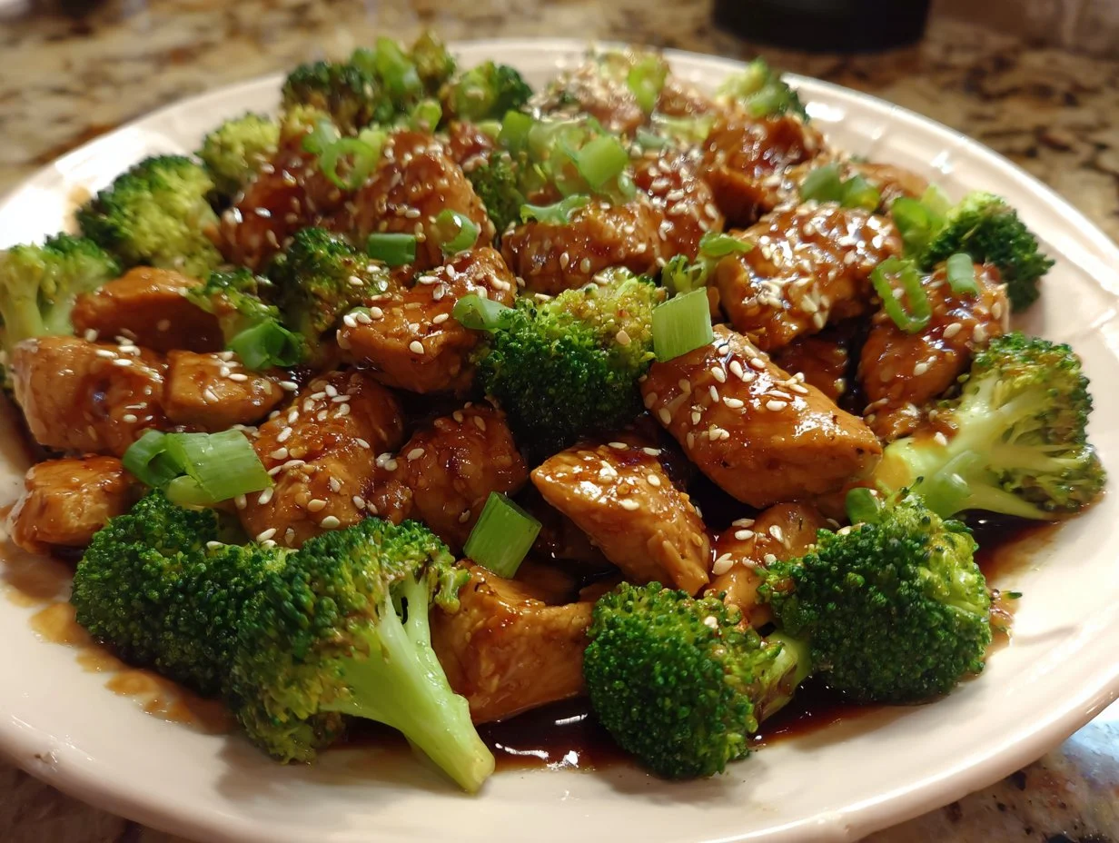 Plate of Honey Sesame Chicken and Broccoli garnished with sesame seeds