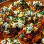 Delicious Hot Honey Feta Chicken on a plate garnished with herbs