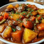 A bowl of delicious Irish vegetarian stew filled with colorful veggies and herbs