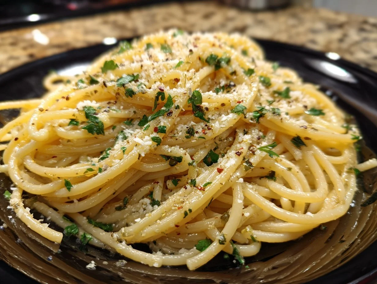 Delicious Italian pasta served with garlic olive oil sauce, garnished with herbs.