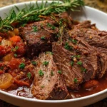 Plate of Italian Pot Roast (Straccato) garnished with herbs and vegetables.