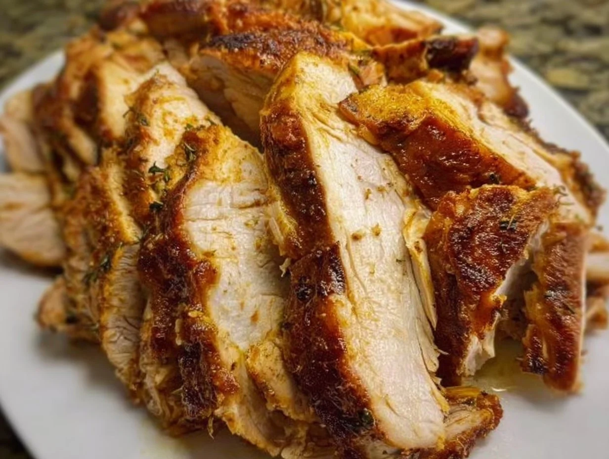Juicy slow cooker turkey breast ready to serve with herbs and spices