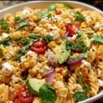 Juicy street corn pasta salad in a bowl with fresh ingredients