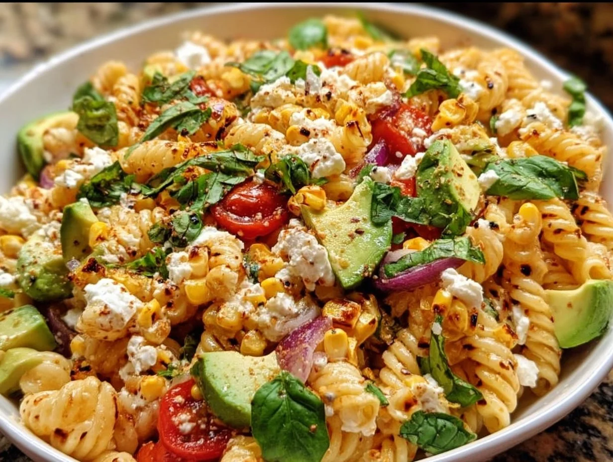 Juicy street corn pasta salad in a bowl with fresh ingredients