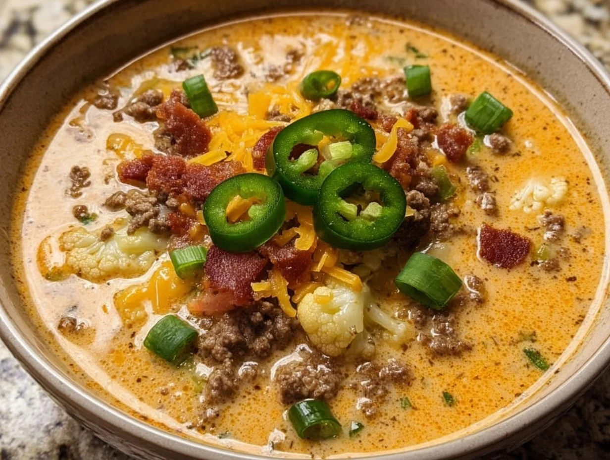Bowl of creamy Keto Cheeseburger Soup topped with cheese and bacon