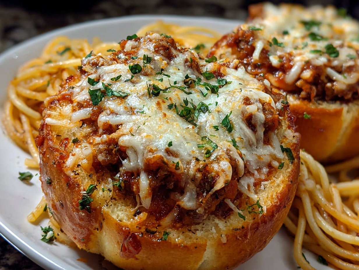 Spaghetti Garlic Bread Bowls