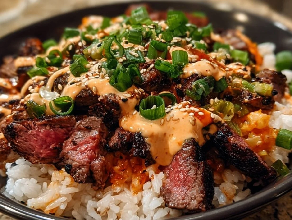 Delicious Korean BBQ steak rice bowl with fresh vegetables and marinade