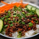 Korean Ground Beef Bowl with rice and vegetables