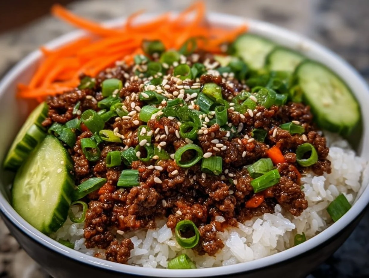 Korean Ground Beef Bowl with rice and vegetables