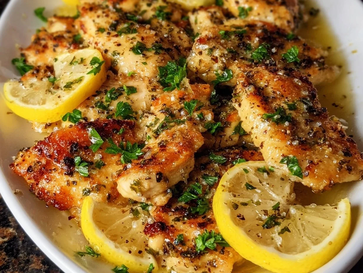 Plate of delicious lemon chicken garnished with fresh herbs