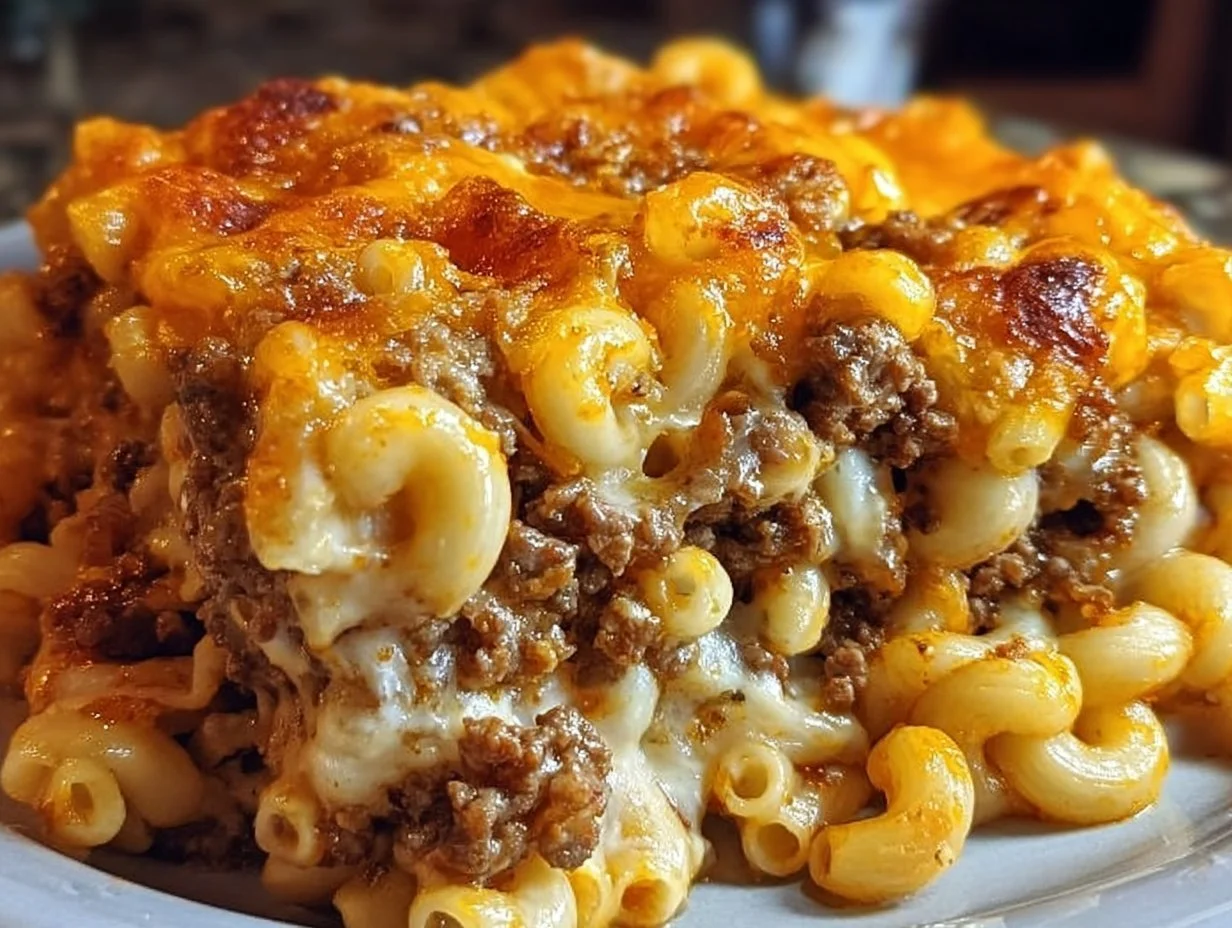 Delicious Mac and Cheese Meatloaf Casserole topped with melted cheese