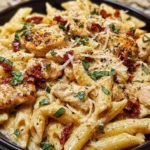 Plate of Marry Me Chicken Pasta with creamy sauce and fresh herbs