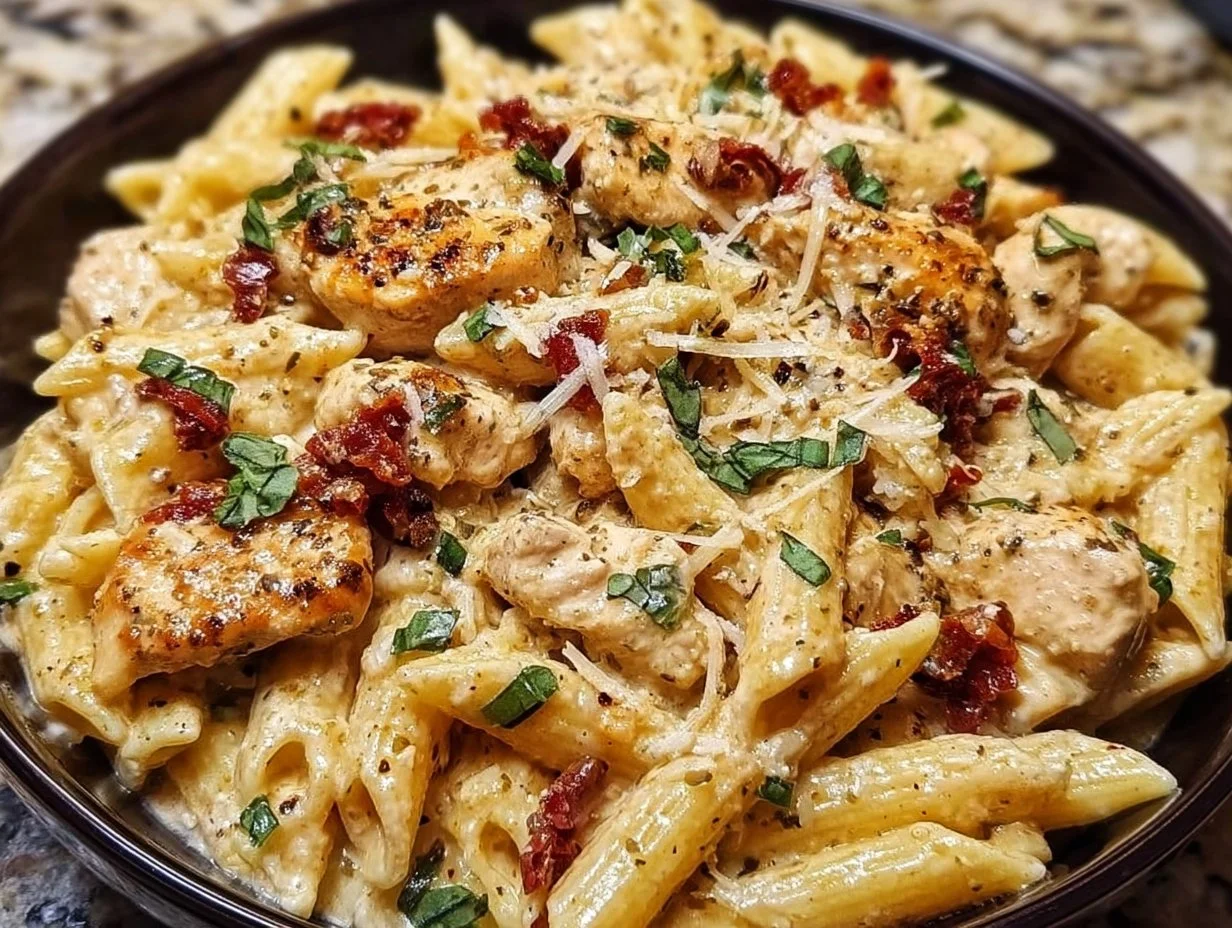 Plate of Marry Me Chicken Pasta with creamy sauce and fresh herbs