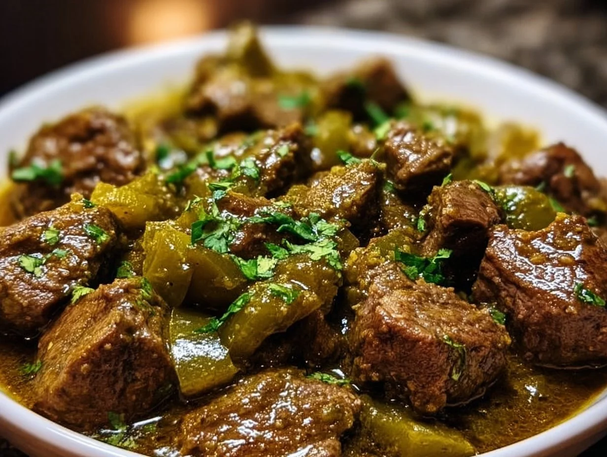 A steaming bowl of Mexican beef green chili garnished with fresh herbs.