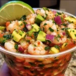 Delicious Mexican shrimp cocktail served in a glass with lime and vegetables