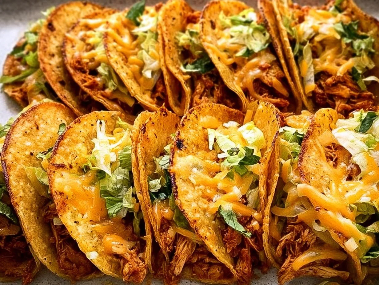 Mini baked chicken tacos served on a plate with toppings