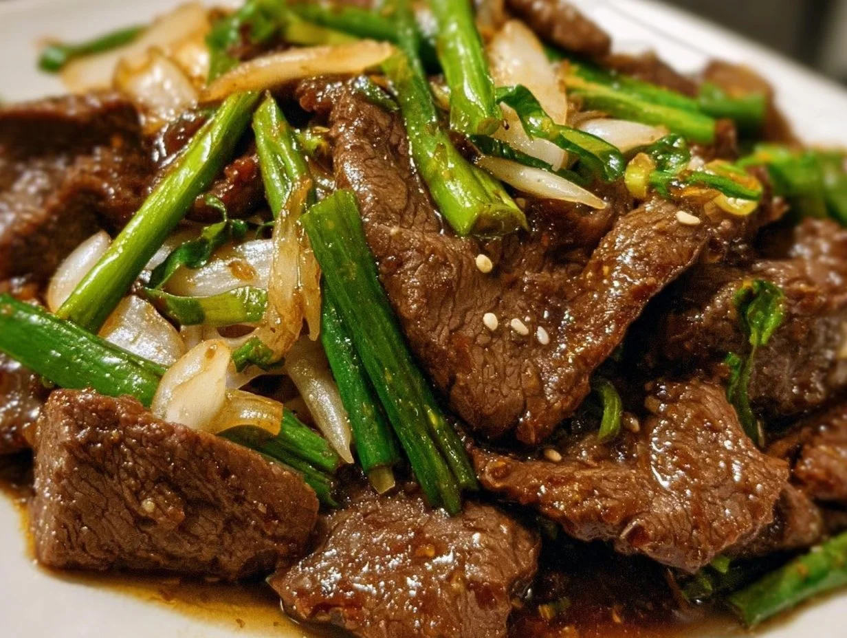 Delicious plate of Mongolian Beef with tender beef slices and green onions