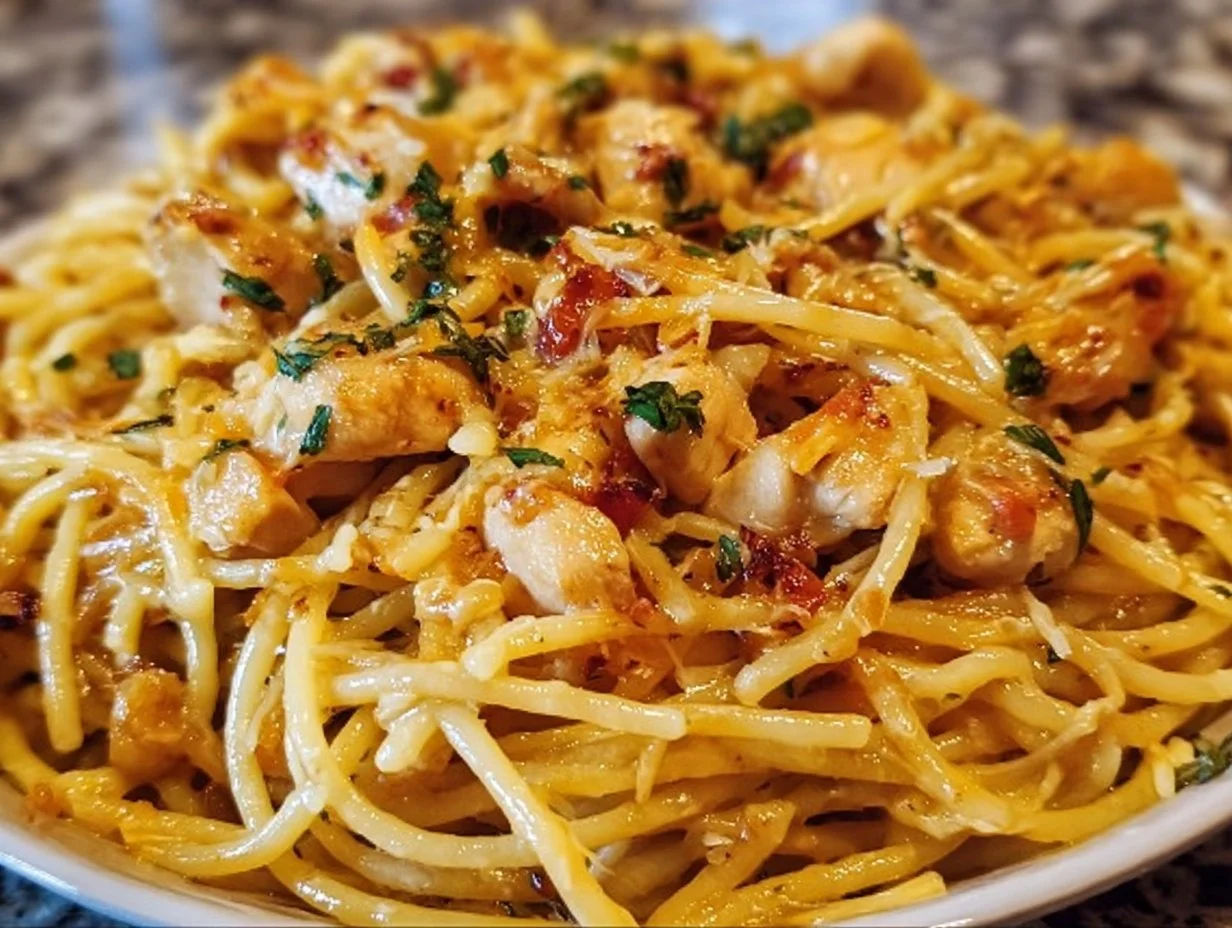 Delicious Monterey Chicken Spaghetti served in a bowl with toppings