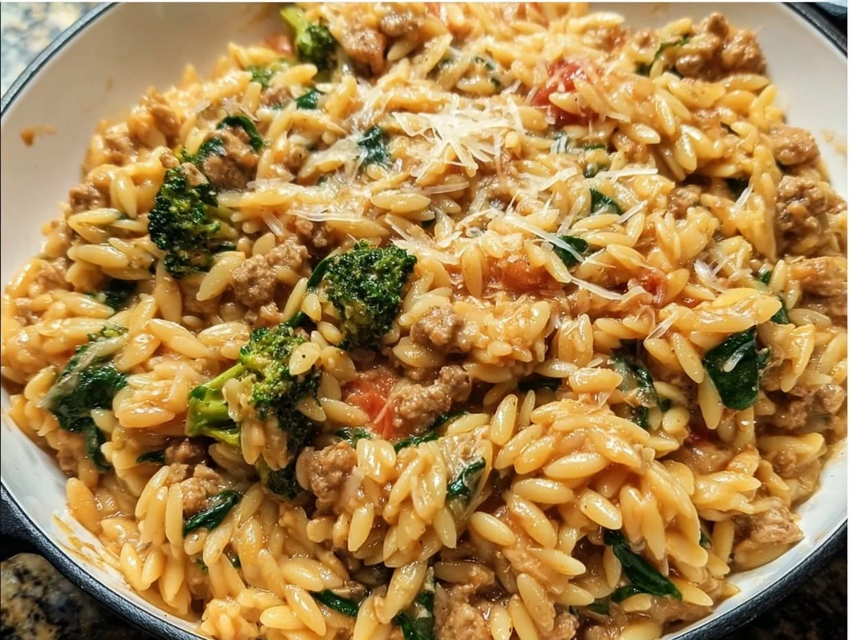 One-Pot Ground Turkey Orzo dish garnished and ready to serve
