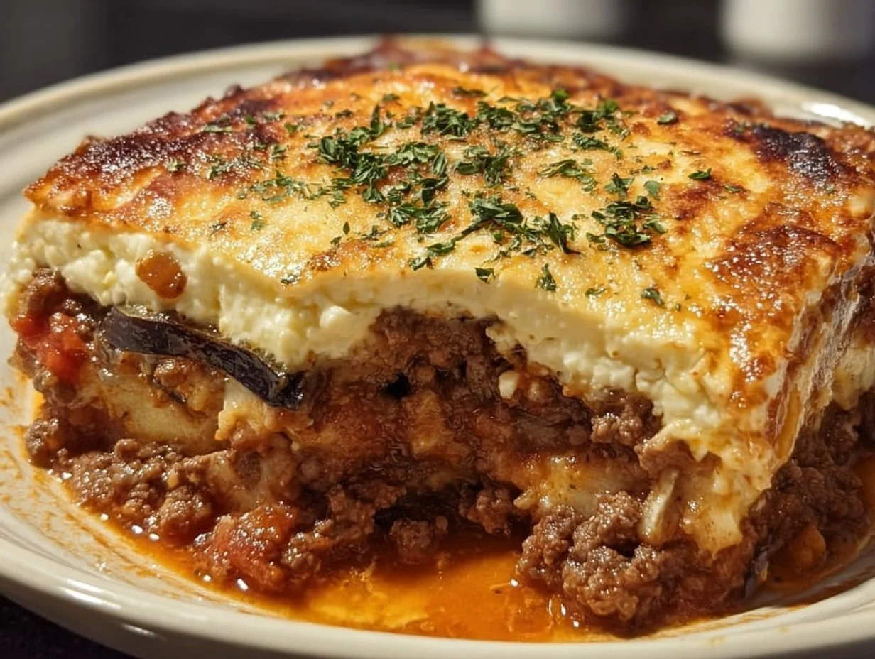 Delicious homemade Greek Moussaka layered with eggplant, meat, and béchamel sauce.