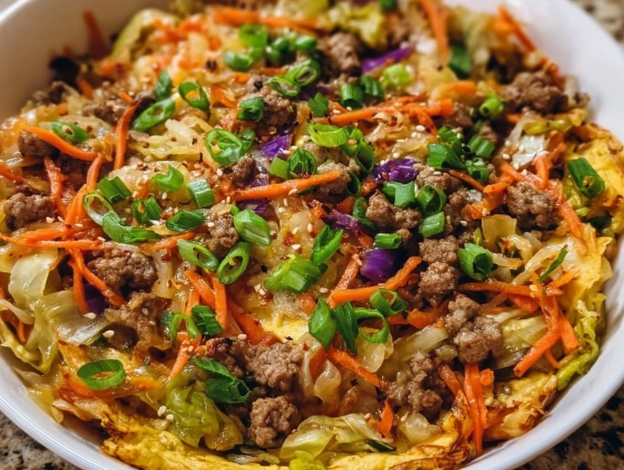 Paleo egg roll in a bowl with fresh vegetables and savory meat