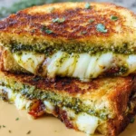 Delicious pesto grilled cheese sandwich with melted cheese and fresh pesto