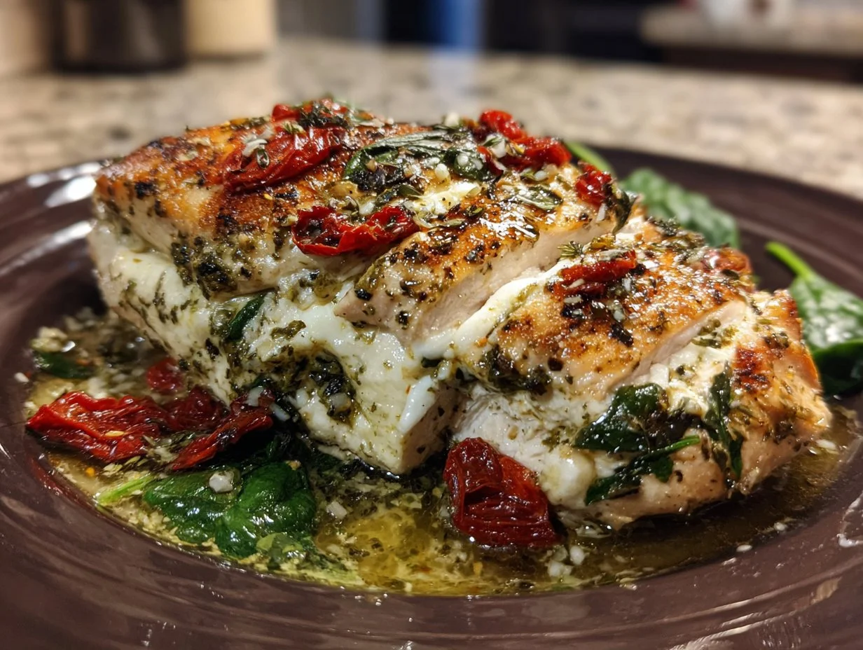 Pesto chicken breasts stuffed with mozzarella and tomatoes for a flavorful meal
