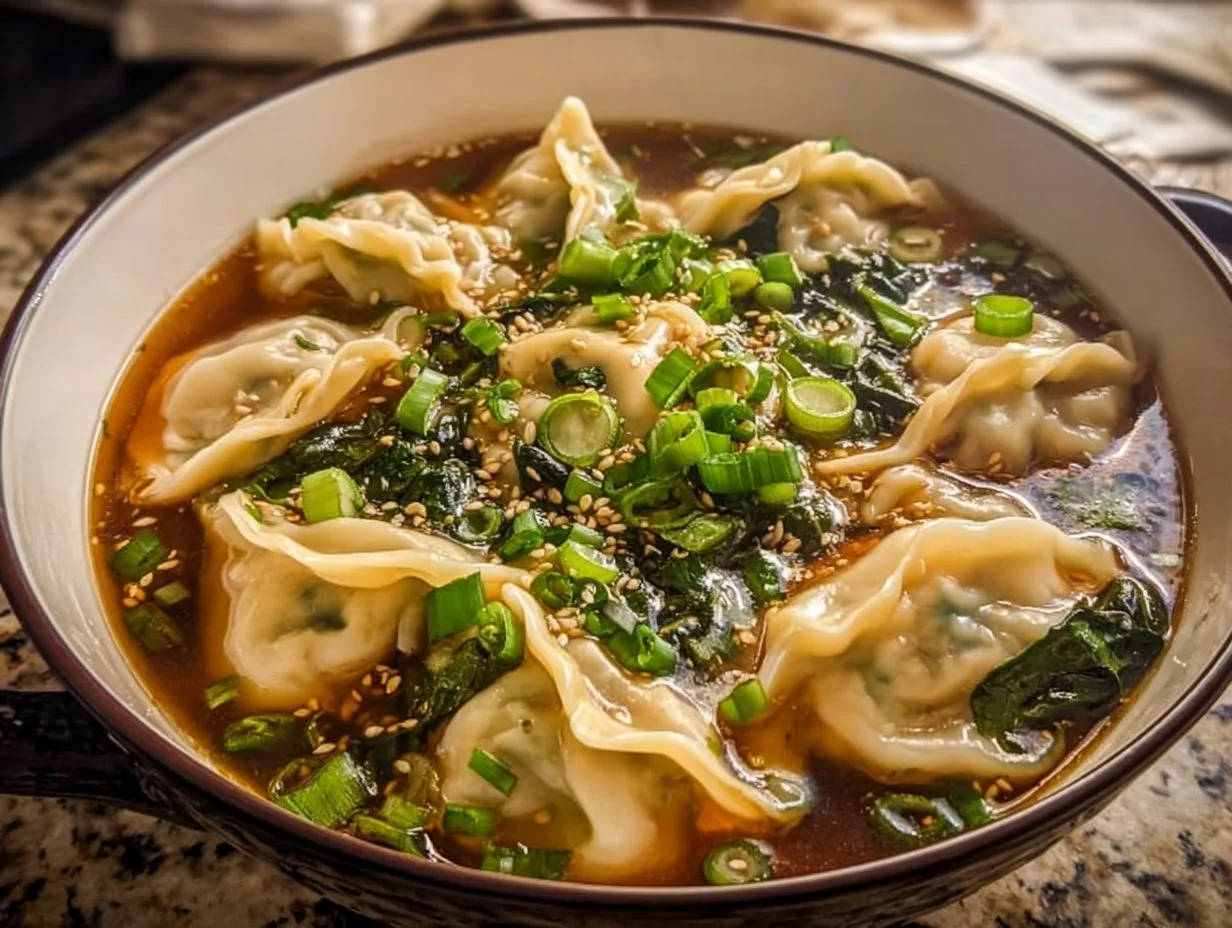 Delicious potsticker soup with dumplings and vegetables in a savory broth