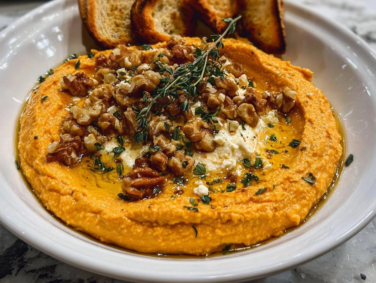 Delicious Pumpkin Whipped Feta Dip in a serving bowl garnished with herbs.
