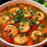 Quick and spicy shrimp soup in a bowl with fresh herbs and spices