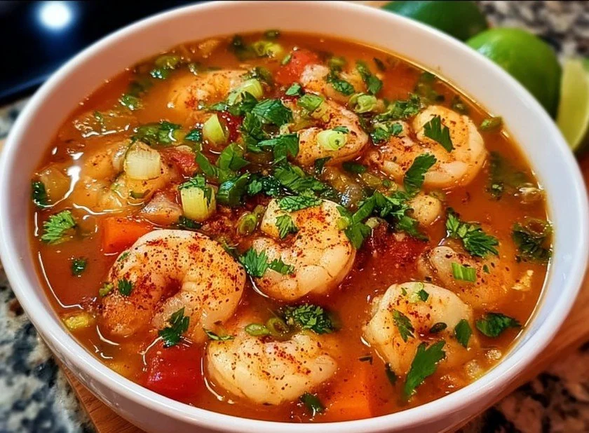 Quick and spicy shrimp soup in a bowl with fresh herbs and spices
