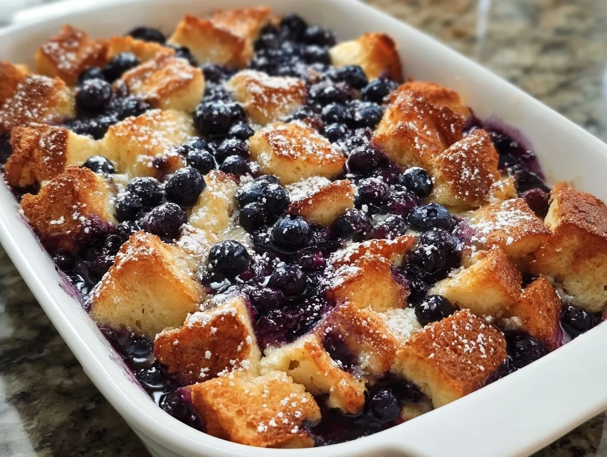Delicious blueberry french toast casserole baked to perfection, ready to serve.