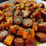 Delicious sausage and sweet potatoes topped with honey garlic sauce in a bowl.